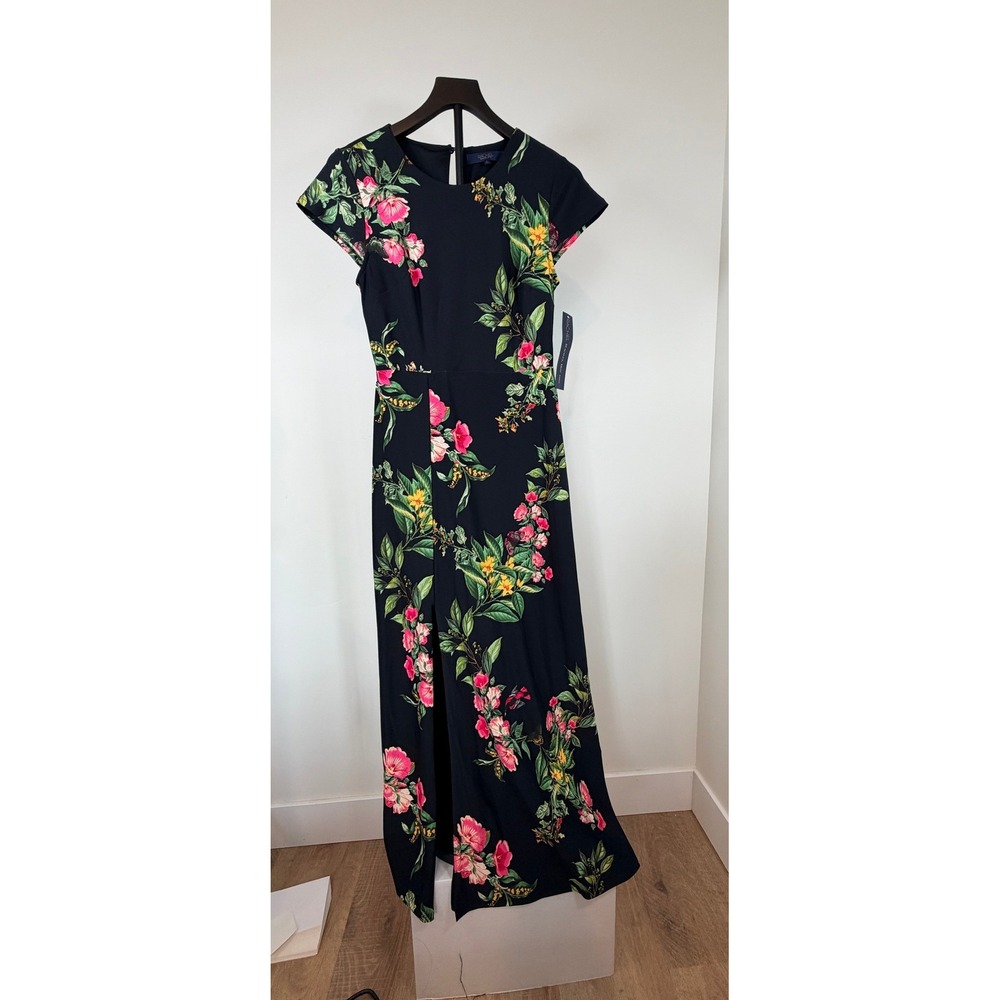 Rachel Rachel Roy Black Floral Maxi Dress Short Sleeve Cutout Back Slit Small